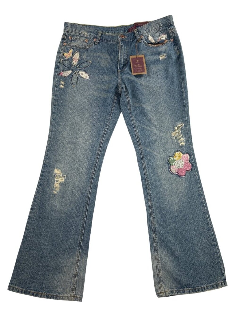 Rare Vtg Y2K Bongo Patchwork Embroidered Bootcut Jeans Festival Size 17 NWT